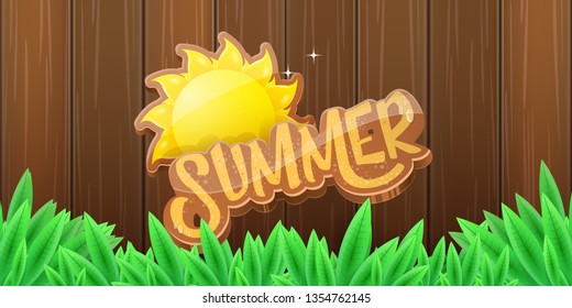 vector summer horizontal banner with green grass, wooden fence and summer ray of lights . hello summer flyer, banner or horizontal background with green field landscape 