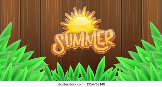 vector summer horizontal banner with green grass, wooden fence and summer ray of lights . hello summer flyer, banner or horizontal background with green field landscape 