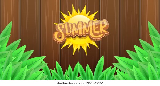 vector summer horizontal banner with green grass, wooden fence and summer ray of lights . hello summer flyer, banner or horizontal background with green field landscape 