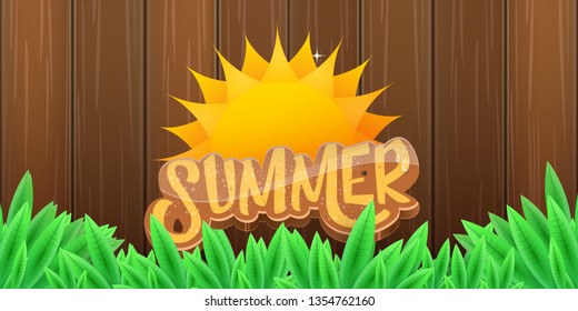 vector summer horizontal banner with green grass, wooden fence and summer ray of lights . hello summer flyer, banner or horizontal background with green field landscape 