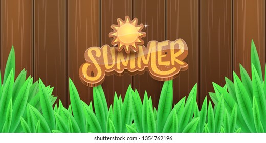 vector summer horizontal banner with green grass, wooden fence and summer ray of lights . hello summer flyer, banner or horizontal background with green field landscape 
