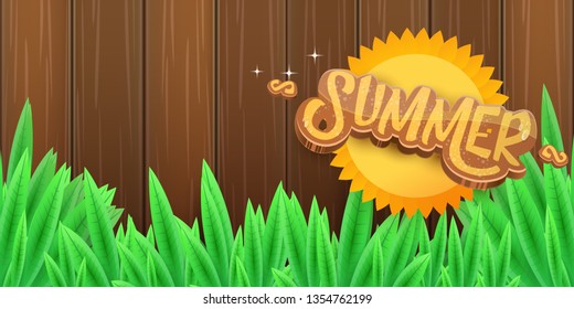 vector summer horizontal banner with green grass, wooden fence and summer ray of lights . hello summer flyer, banner or horizontal background with green field landscape 