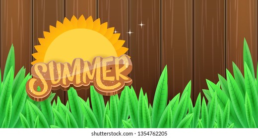 vector summer horizontal banner with green grass, wooden fence and summer ray of lights . hello summer flyer, banner or horizontal background with green field landscape 