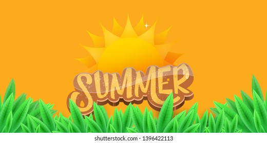vector summer horizontal banner with green grass, orange sky and summer ray of lights . hello summer flyer, banner or horizontal background with green field landscape