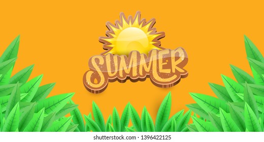 vector summer horizontal banner with green grass, orange sky and summer ray of lights . hello summer flyer, banner or horizontal background with green field landscape