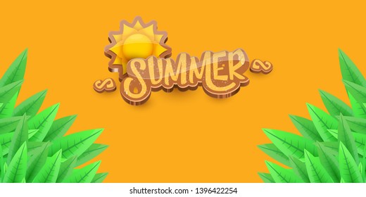vector summer horizontal banner with green grass, orange sky and summer ray of lights . hello summer flyer, banner or horizontal background with green field landscape