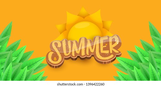 vector summer horizontal banner with green grass, orange sky and summer ray of lights . hello summer flyer, banner or horizontal background with green field landscape