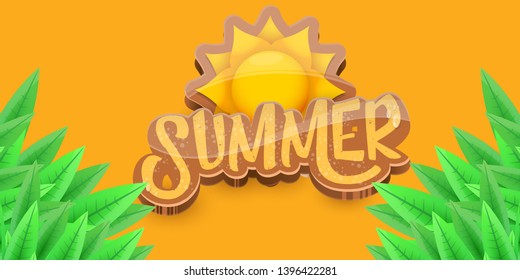 vector summer horizontal banner with green grass, orange sky and summer ray of lights . hello summer flyer, banner or horizontal background with green field landscape