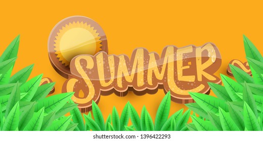 vector summer horizontal banner with green grass, orange sky and summer ray of lights . hello summer flyer, banner or horizontal background with green field landscape