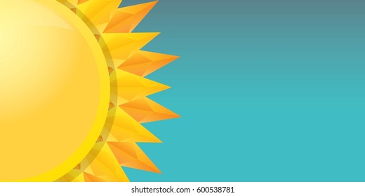 vector summer horizontal banner with shiny golden sun in blue sky. vector summer or spring blue background for text and advertising