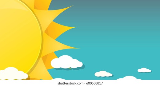 vector summer horizontal banner with shiny golden sun in blue sky. vector summer or spring blue background for text and advertising