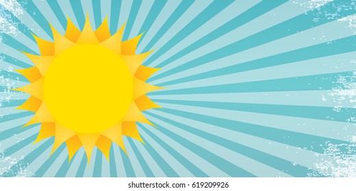 vector summer horizontal banner with shiny golden sun and rays in blue sky. vector summer or spring blue horizontal background for text and advertising