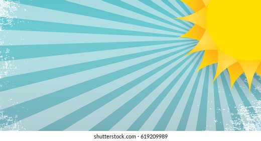 vector summer horizontal banner with shiny golden sun and rays in blue sky. vector summer or spring blue horizontal background for text and advertising