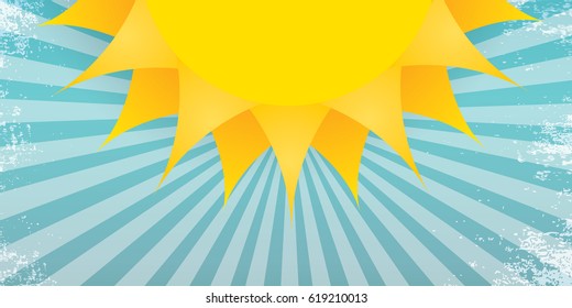 vector summer horizontal banner with shiny golden sun and rays in blue sky. vector summer or spring blue horizontal background for text and advertising