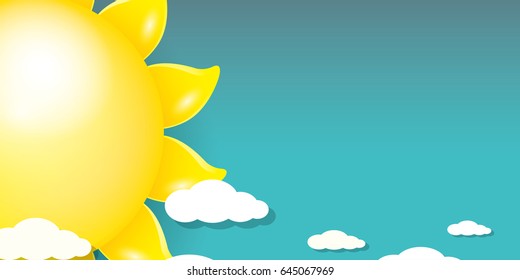 vector summer horizontal banner with shiny golden sun in blue sky. vector summer or spring blue background for text and advertising