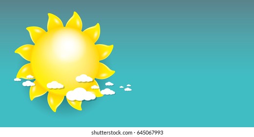 vector summer horizontal banner with shiny golden sun in blue sky. vector summer or spring blue background for text and advertising