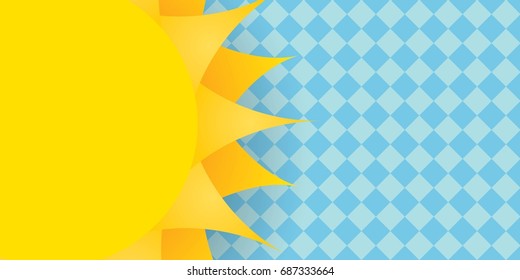 vector summer horizontal banner with shiny golden sun in blue sky. vector summer or spring blue background for text and advertising