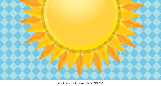 vector summer horizontal banner with shiny golden sun in blue sky. vector summer or spring blue background for text and advertising