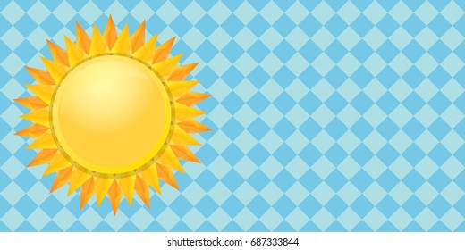 vector summer horizontal banner with shiny golden sun in blue sky. vector summer or spring blue background for text and advertising
