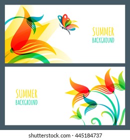 Vector summer horizontal banners and backgrounds. Colorful summer lily flowers and butterfly. Nature white backgrounds. Design template for cosmetics label, greeting card, holiday banner, flyer. 
