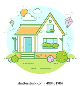 Vector summer house and kite. Sunny day. Circle illustration.