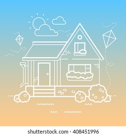 Vector summer house and kite. Sunny day. Outline illustration.