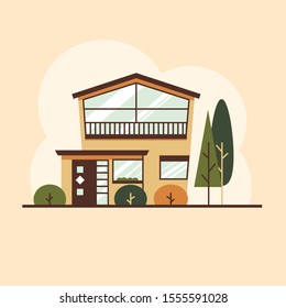 Vector summer house with trees and bushes.