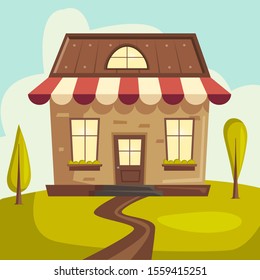Vector summer house, trees, lawn, day, shop without sign