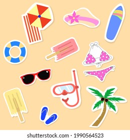 Vector - Summer Icon Collection, Sunglasses, Surfboard, Hat, Bikini, Ice Cream, Palm Tree, Diving Mask. 
Travel Beach Set. Clip Art. Can Be Use For Print, Paper, Sticker.