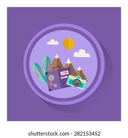 Vector summer icon. Flat design, retro color.Mountains,photo camera,flip flops
