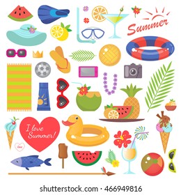 Vector summer icon set. Collection of brightly colored icons on a white background.