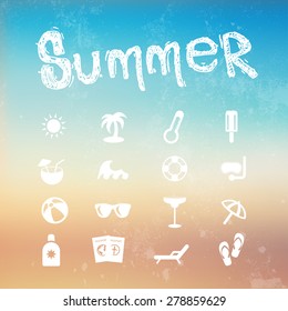 Vector Summer Icon Set On A Blurred Background Beach.