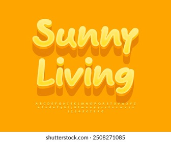 Icono de verano de Vector Sunny Living. Funny Yellow 3D Fuente. Conjunto de letras y números del alfabeto juguetón. 