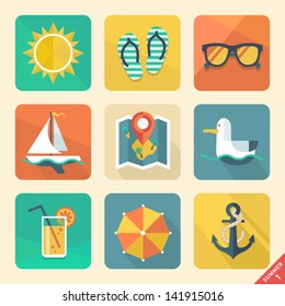 Vector summer icons. Flat design trend. Retro color.