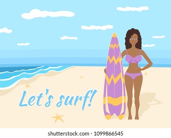 Vector summer illustration of an afro american girl with violet surfboard on the beach.