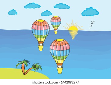 Vector summer illustration with air baloons, sea and tropical island