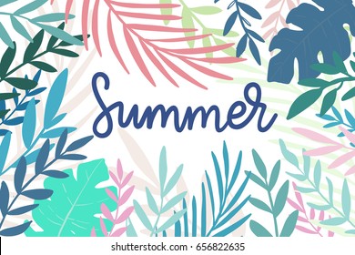Vector summer illustration, background. Calligraphy banner with tropical green leaves. Use for posters, covers, flyers, postcards, banner designs, travel. Green tropical