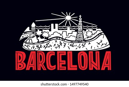 Vector summer illustration of Barcelona,  Spain. Half round illustration. Can be for articles, as a sticker, print for t shirts and cups