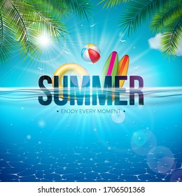 Vector Summer Illustration with Beach Ball, Palm Leaves, Surf Board and 3d Typography Letter on Underwater Blue Ocean Background. Realistic Summer Vacation Holiday Design for Banner, Flyer, Invitation