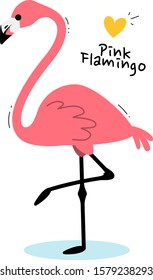 Vector summer illustration of beautiful pink flamingo standing on one leg on white background with heart and text. Flat style design of flamingo for web, site, banner, card, sticker, print