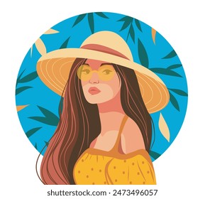 Vector summer illustration. Beautiful white-skinned girl in a hat and glasses. Avatar, portrait of a young beautiful woman with plants and leaves. Vector illustration in flat style