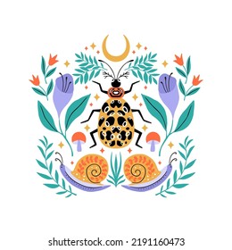 Vector summer illustration with beetle flowers, moon, snail, mushrooms. Symmetry folk art style drawing. Isolated on background.