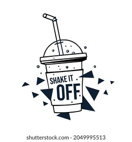 Vector Summer Illustration of Black and White Color Cocktail Glass with Straw and Word Shake it off on White Background with Triangular Shape. Line Art Style Design for T-shirt Print, Poster, Card