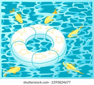 Ilustración vectorial de verano con peces brillantes nadando en el mar alrededor de un círculo inflable.
