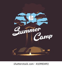 Vector summer illustration, summer camp emblem on the forest background with campfire, mountains, tents and the moon