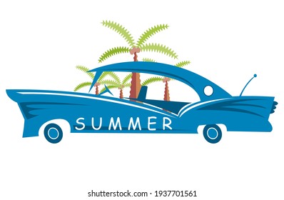 vector summer illustration (summer car, palms, travel)