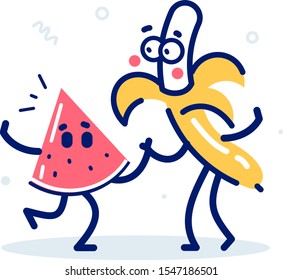 Vector summer illustration of character yellow color banana and red watermelon on white background together. Flat line art style design for web, site, banner, card, poster, invitation