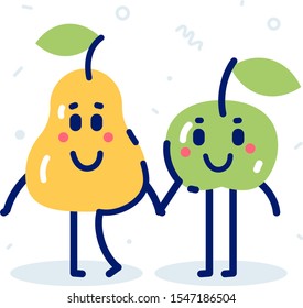 Vector summer illustration of character yellow color pear and apple on white background together. Flat line art style design for web, site, banner, card, poster, invitation