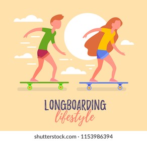 Vector summer illustration of cool hipster man, woman character riding longboard skateboard. Creative cartoon concept with urban citizen character rides skateboard. Flat style design for web, banner