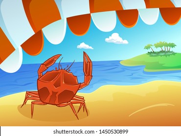 Vector Summer illustration - crab on tropical beach under umbrella